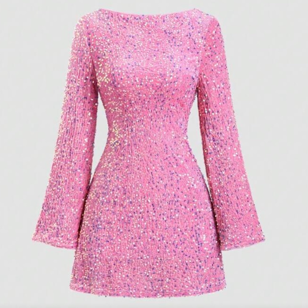 Luxe Velvet Pink Sequin Backless Long Sleeve Mini Dress